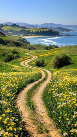 Dirt road and yellow flowers along the coast, San Francisco, California