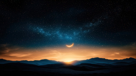 Beautiful night landscape with moon and stars.