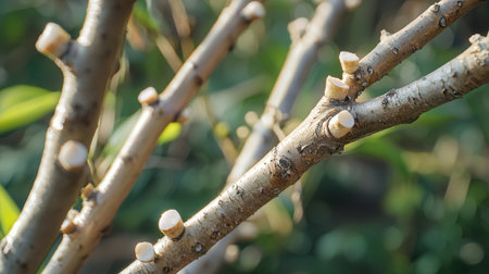 Close up of tree branches in the garden. Selective focus.