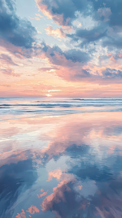Beautiful seascape with clouds reflected in water at sunset.