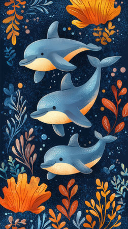 Hand drawn vector illustration with cute cartoon dolphins and seaweed on dark blue background.の写真素材