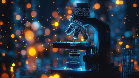 Microscope on abstract background. Biotechnology concept. 3D Renderingの写真素材