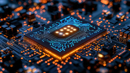 Circuit board close-up. Technology background. 3D rendering