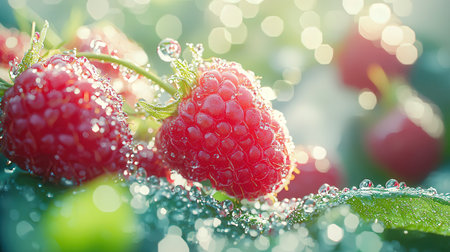 Ripe raspberries with water drops on green bokeh background