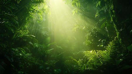 Sunlight in the green forest with sunbeams and lens flare