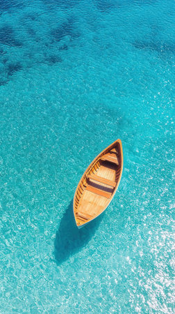 Aerial view of wooden boat in turquoise water, Sardinia