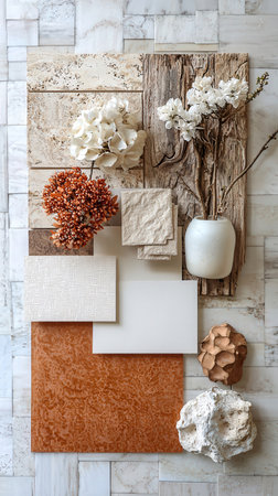Creative composition with dried flowers and photo frames on white brick wall
