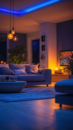 Interior of modern living room with cozy sofa, lamp and plant