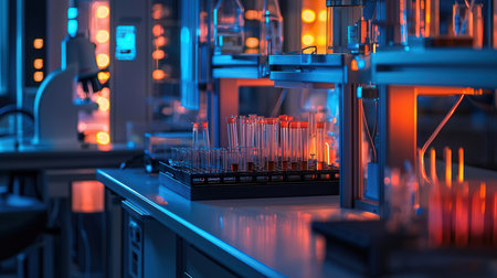 Laboratory glassware with liquid in test tubes, science research concept