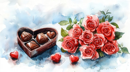 Hand drawn watercolor illustration of chocolate candies in heart shaped box with red rosesの写真素材
