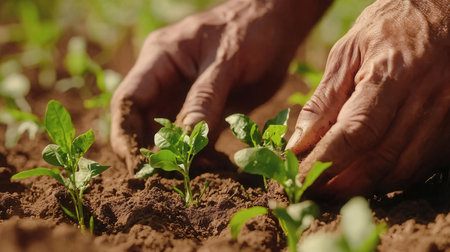 Close-up of human hands planting seedlings in the ground.の写真素材