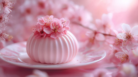 Cherry blossom and cupcake on pink background with copy space