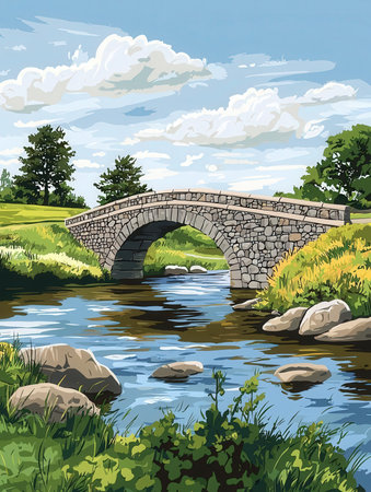 Bridge over the river in the countryside. Vector illustration of a stone bridge.