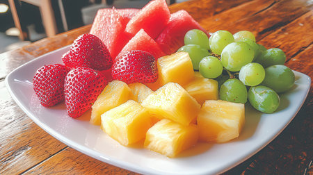 Fruit salad with watermelon, pineapple and grape on wooden tableの写真素材