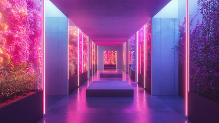 3d rendering. Futuristic corridor with neon lights. Futuristic interior design.