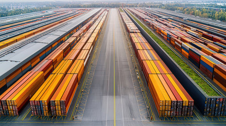 Aerial view of cargo container terminal for loading and unloading bulk cargo by ship cranes and...