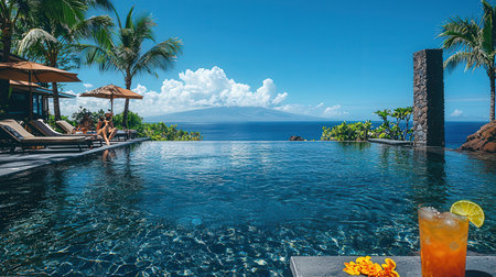 Tropical swimming pool in luxury hotel resort with view on volcano