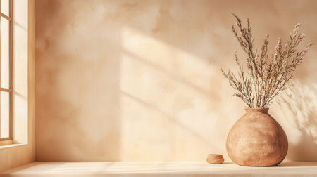 Vase with dried flowers on table near beige wall. 3D renderingの写真素材