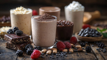 Chocolate smoothie with berries and chocolate bars on a wooden table