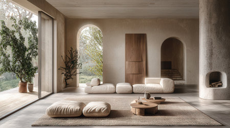Interior of modern living room with wooden walls, concrete floor, comfortable sofa and coffee table....