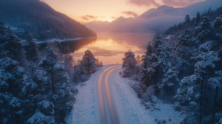 Winter landscape with lake and snow covered forest. Beautiful winter scenery.