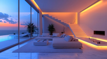 3d rendering of modern bright interiors Living room with sea view