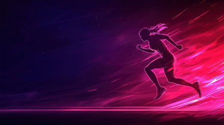 Illustration of a running woman silhouette in neon light with abstract backgroundの写真素材