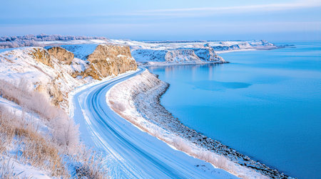 Winter landscape with a road on the coast of the Baltic Sea.の写真素材