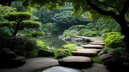 Japanese garden with stone walkway and pond in the summer time.