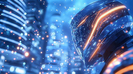 Cyborg head with glowing neon lights on city background 3D rendering
