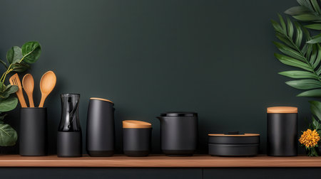 Mockup of black cosmetic containers on wooden shelf, 3d render