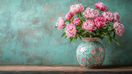 Vase with peonies on wooden table over turquoise backgroundの写真素材