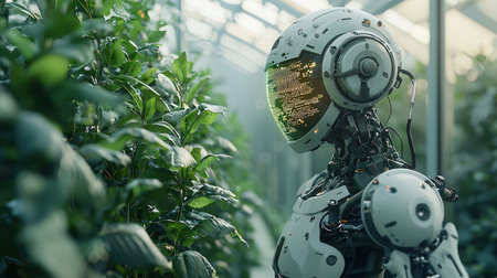 3d rendering humanoid robot working in a greenhouse,concept of artificial intelligenceの写真素材