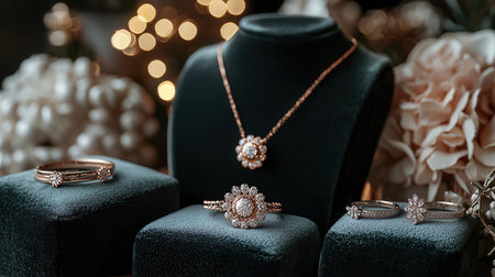 Beautiful jewelry on mannequin against blurred background, closeup