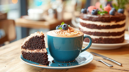 Blue cup of coffee with chocolate cake and blueberry on wooden table
