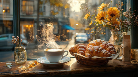 Coffee and croissants on the windowsill at sunsetの写真素材