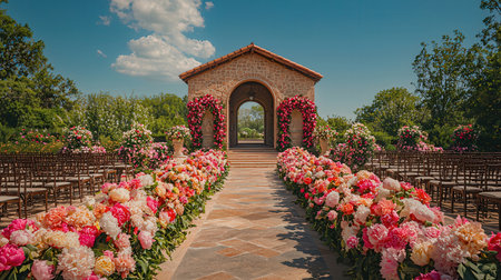 Wedding arch decorated with flowers in the garden. Wedding ceremony.