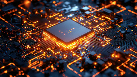 Close up of electronic circuit board. Technology and electronics concept. 3D Rendering