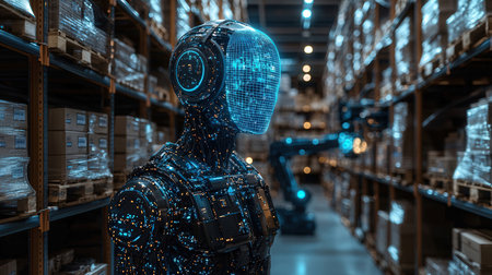 3D rendering humanoid robot working in a warehouse with shelves in the backgroundの写真素材
