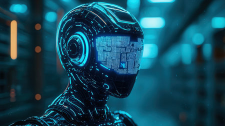 3d rendering humanoid robot with circuit board hologram in the city