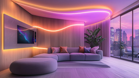 Interior of modern living room with purple sofa, coffee table and tv screen