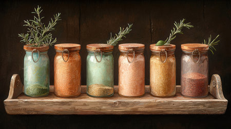 Glass jars with spices and herbs on a wooden shelf. Vintage style.