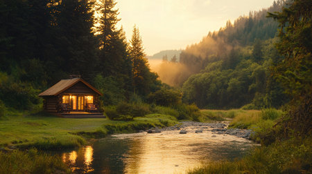 Beautiful mountain landscape with a small wooden house by the river.