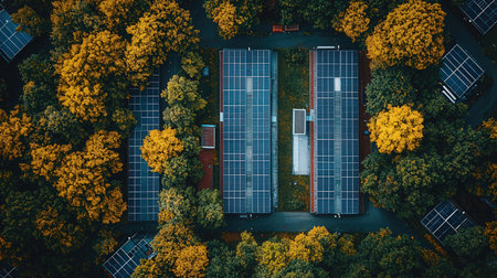 Aerial view of solar panels on the roof of a residential building