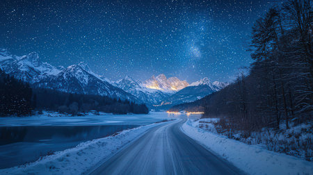 Beautiful winter night landscape with snowy mountains and a road in the foreground