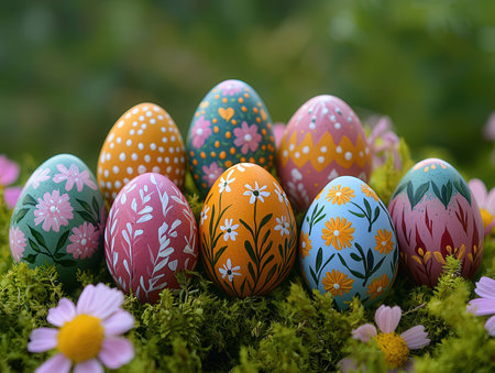 Colorful easter eggs with floral ornament in green grass, closeup