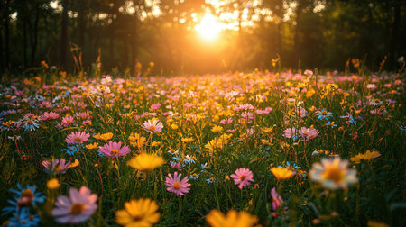 Colorful flowers in the meadow at sunset. Natural background.
