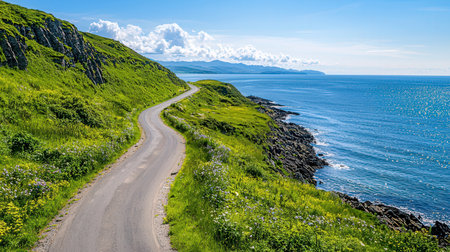 Dirt road along the coast of the Atlantic Ocean in Norway.の写真素材