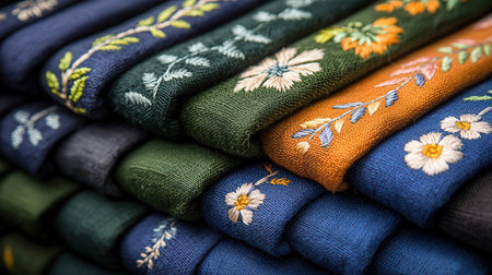 Colorful towels stacked in a row. Close-up. Textile background.