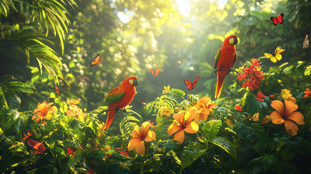 Parrots and flowers in the garden at sunset. Beautiful nature background.
